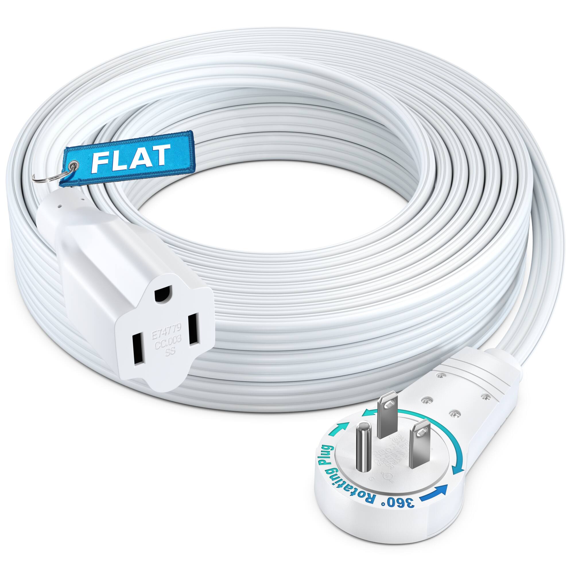 Maximm - 360° Rotating Flat Plug Extension Cord 25 feet Flat Cord Under Carpet with Slim Space-Saving Plug Design - White