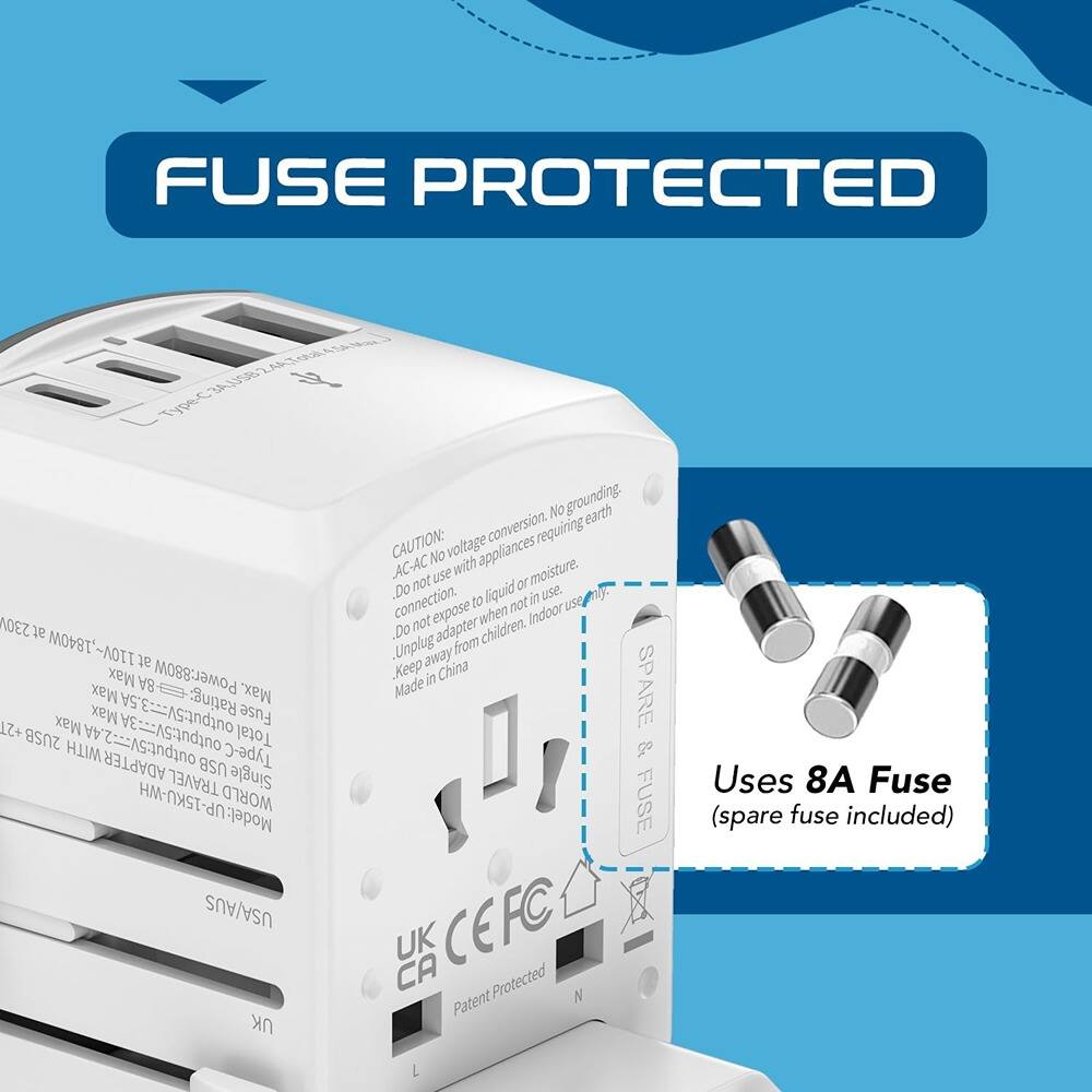 Sure, here is the corrected and grouped text from the image:

---

**FUSE PROTECTED**

**Model: UP-15KU-WH**

**Power: 880W**

**Max Output: 5V = 3A**

**USB Type-C**

**Single Adapter**

**USA/AUS UK No Grounding**

**CAUTION:**

- No voltage conversion.
- Do not use with appliances requiring earth.
- Do not expose to liquid or moisture.
- Keep away from children.
- Unplug when not in use.

**Made in China**

**Uses 8A Fuse (spare fuse included)**

**UK CA CEFC**

**Patent Protected**

---

This text is organized to reflect the information provided in the image clearly and accurately.