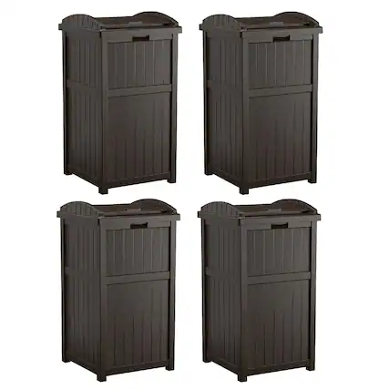 Front. Suncast - Suncast Trash Hideaway Outdoor Patio 33 Gal Garbage Waste Trash Can Bin (4 Pack) - Brown.