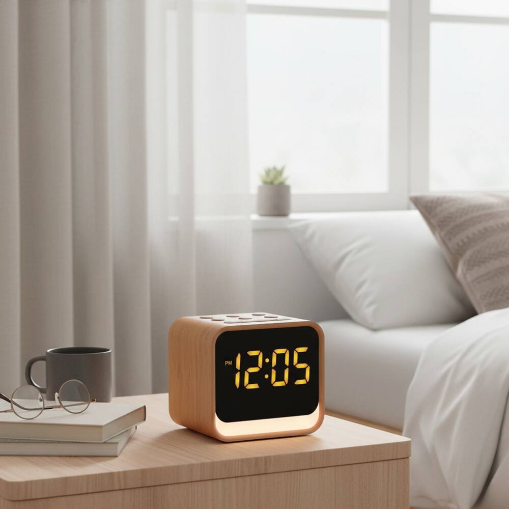 Alt View 3. Dazzed Corner - Wooden Sound Machine Alarm Clock, Small Digital Clock - Oak Wood.