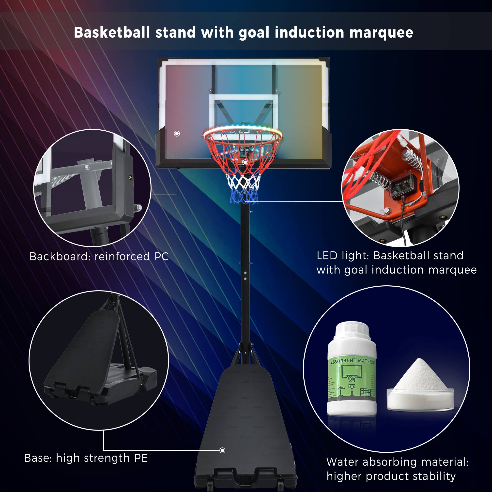 Basketball stand with goal induction marquee

- Backboard: reinforced PC
- Base: high strength PE
- LED light: Basketball stand with goal induction marquee
- Water absorbing material: higher product stability