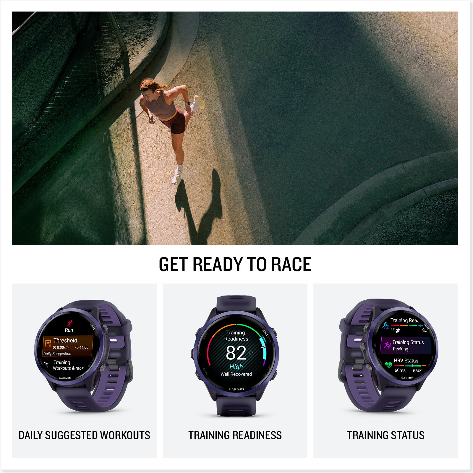 The text on the image has been grouped and corrected as follows:
1. Get ready to race: This is the main headline of the image, emphasizing the importance of preparation for a race.
2. Run Threshold: This is a specific type of workout that focuses on improving running efficiency and endurance.
3. Daily Suggested Workouts: These are personalized workout plans that are generated by the Garmin watch, based on the user's fitness level and goals.
4. Training Readiness: This refers to the user's overall fitness level and preparedness for a race or intense training session.
5. Training Status: This indicates the progress and effectiveness of the user's training program, as well as their ability to recover from workouts.
6. Peaking HRV Status: Heart rate variability (HRV) is a measure of the body's ability to recover from stress, and a high HRV status indicates that the user is in good shape and ready for peak performance.
7. Balanced CEI: This refers to the user's overall fitness level, as measured by the Balanced CEI score. A high score indicates that the user is in good shape and ready for peak performance.
8. Garmin Daily Suggested Workouts: These are personalized workout plans generated by the Garmin watch, based on the user's fitness level and goals.
9. Training Readiness: This refers to the user's overall fitness level and preparedness for a race or intense training session.
10. Training Status: This indicates the progress and effectiveness of the user's training program, as well as their ability to recover from workouts.