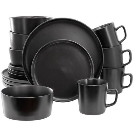 Front. Elama - Elama Luxmatte Black 16 Piece Dinnerware Set - Black.