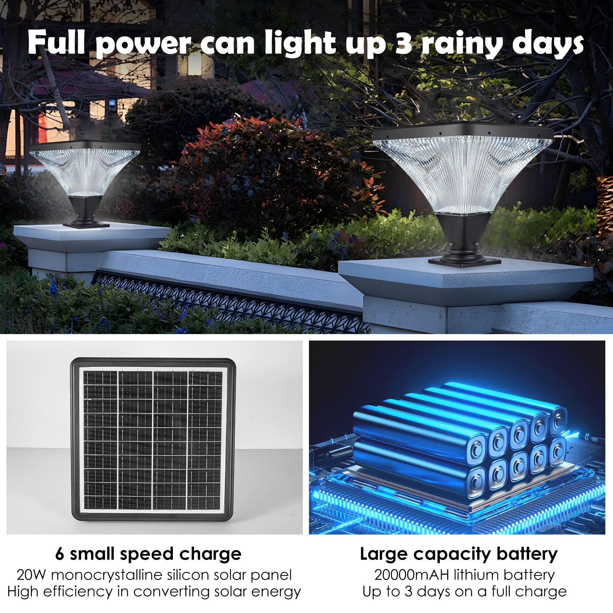 Full power can light up 3 rainy days

6 small speed charge  
20W monocrystalline silicon solar panel  
High efficiency in converting solar energy

Large capacity battery  
20000mAh lithium battery  
Up to 3 days on a full charge