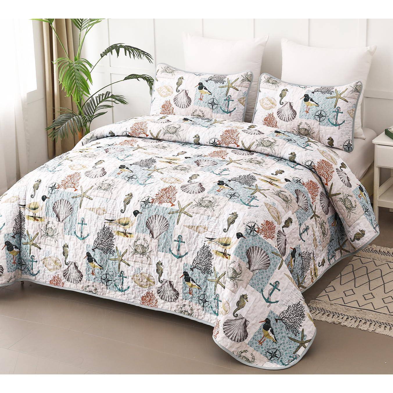 Left. Cedar Assembly - King Quilt Bedding Set 3 Piece Summer Nautical Beach Lightweight For All Season Reversible Microfiber - Beige Patchwork-King.