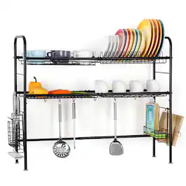 Oumilen - 2-Tier Dish Drying Rack, Stainless Steel Kitchen Storage Organizer with Hooks, Black - Black