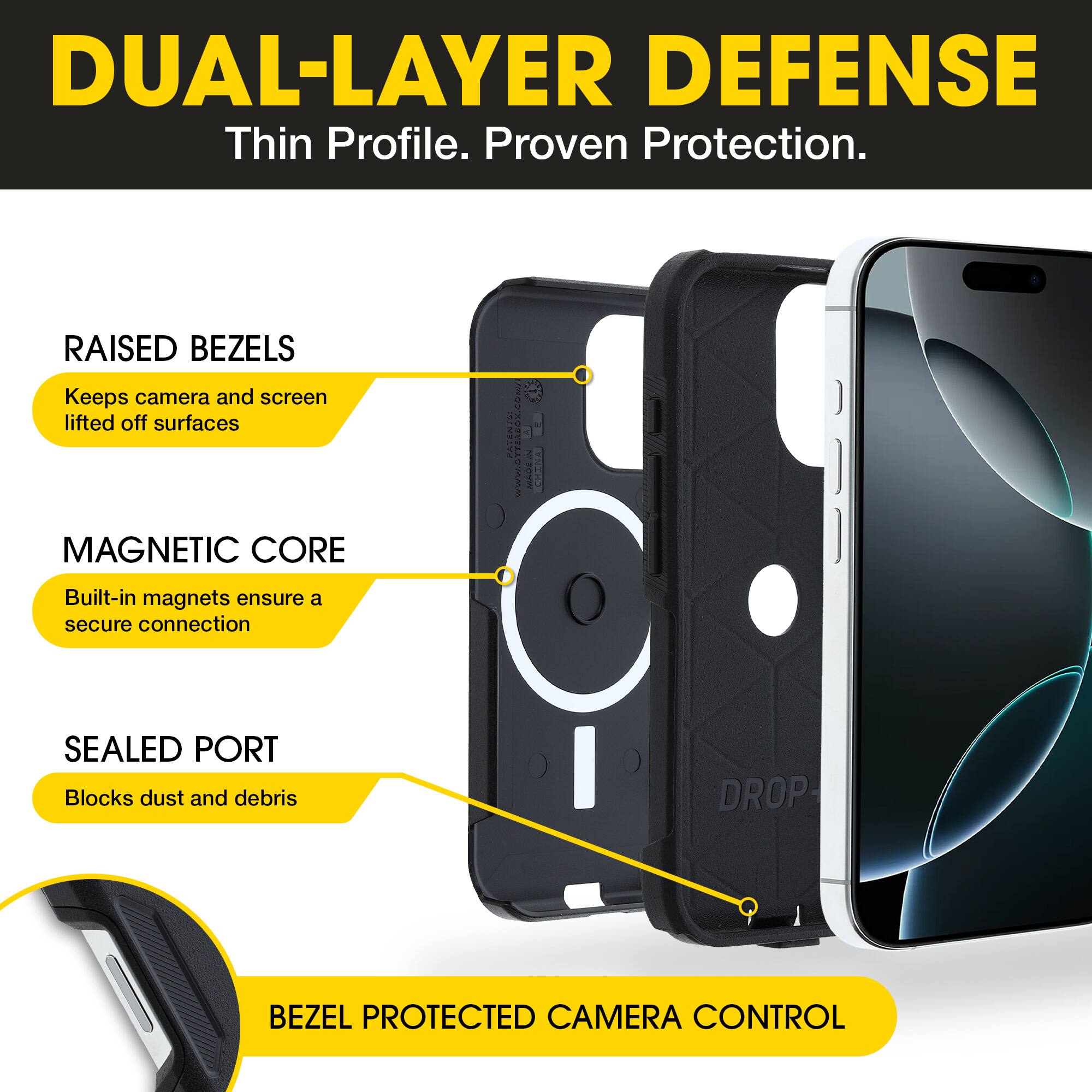 DUAL-LAYER DEFENSE  
Thin Profile. Proven Protection.

- RAISED BEZELS  
  Keeps camera and screen lifted off surfaces

- MAGNETIC CORE  
  Built-in magnets ensure a secure connection

- SEALED PORT  
  Blocks dust and debris

- BEZEL PROTECTED CAMERA CONTROL