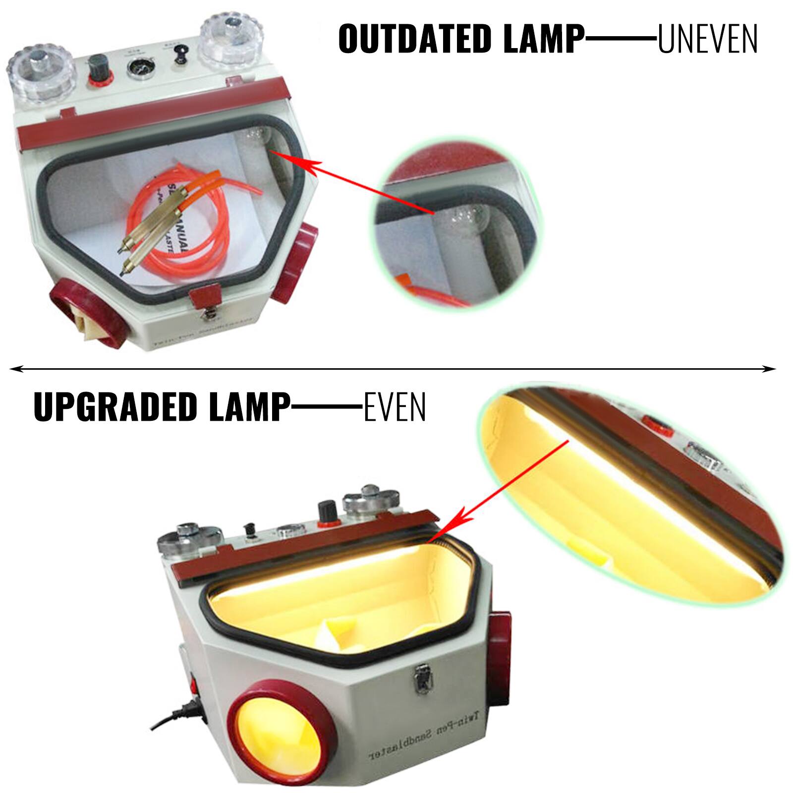 OUTDATED LAMP — UNEVEN  
UPGRADED LAMP — EVEN  
Twin-Pen Sandblaster