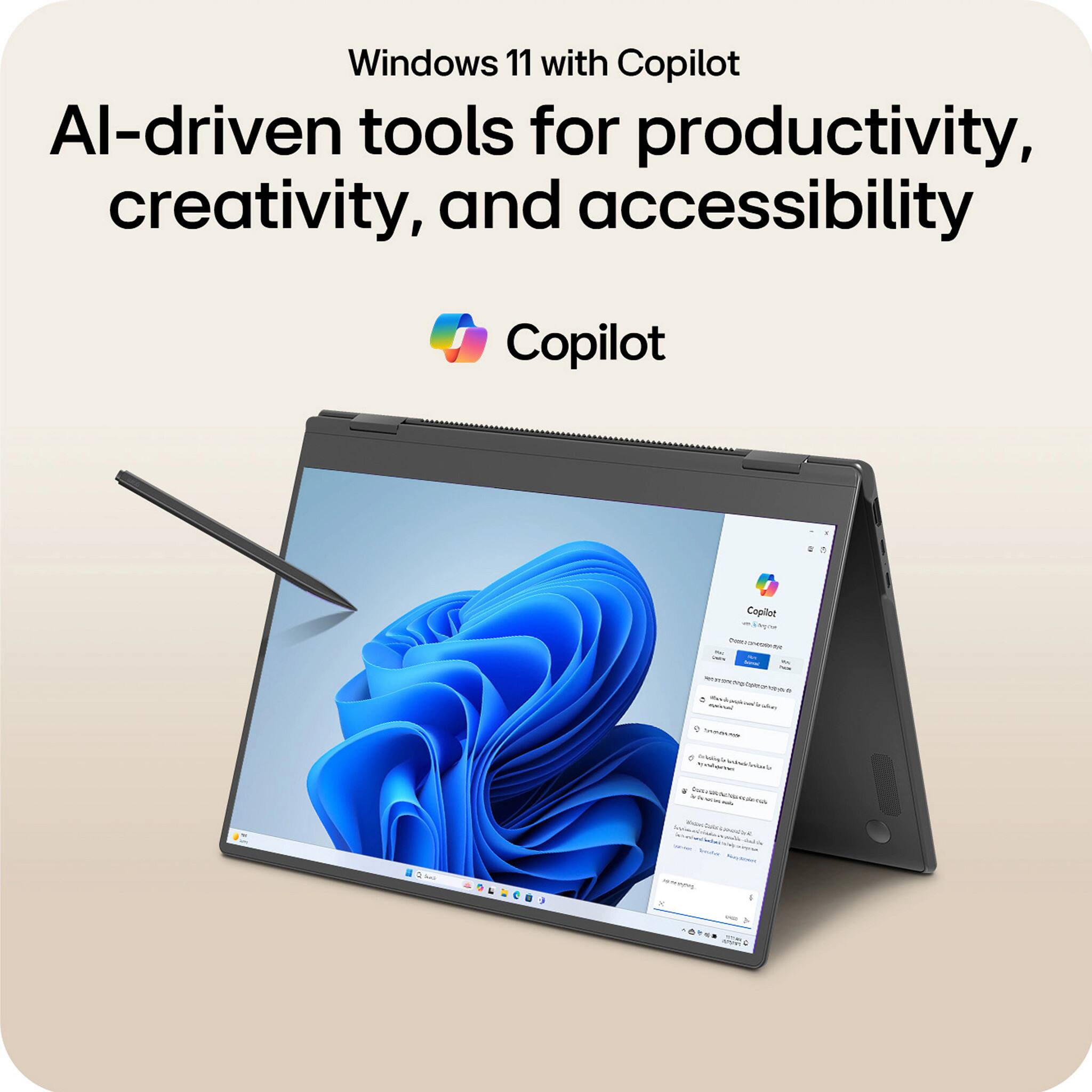 Windows 11 with Copilot

AI-driven tools for productivity, creativity, and accessibility

Copilot