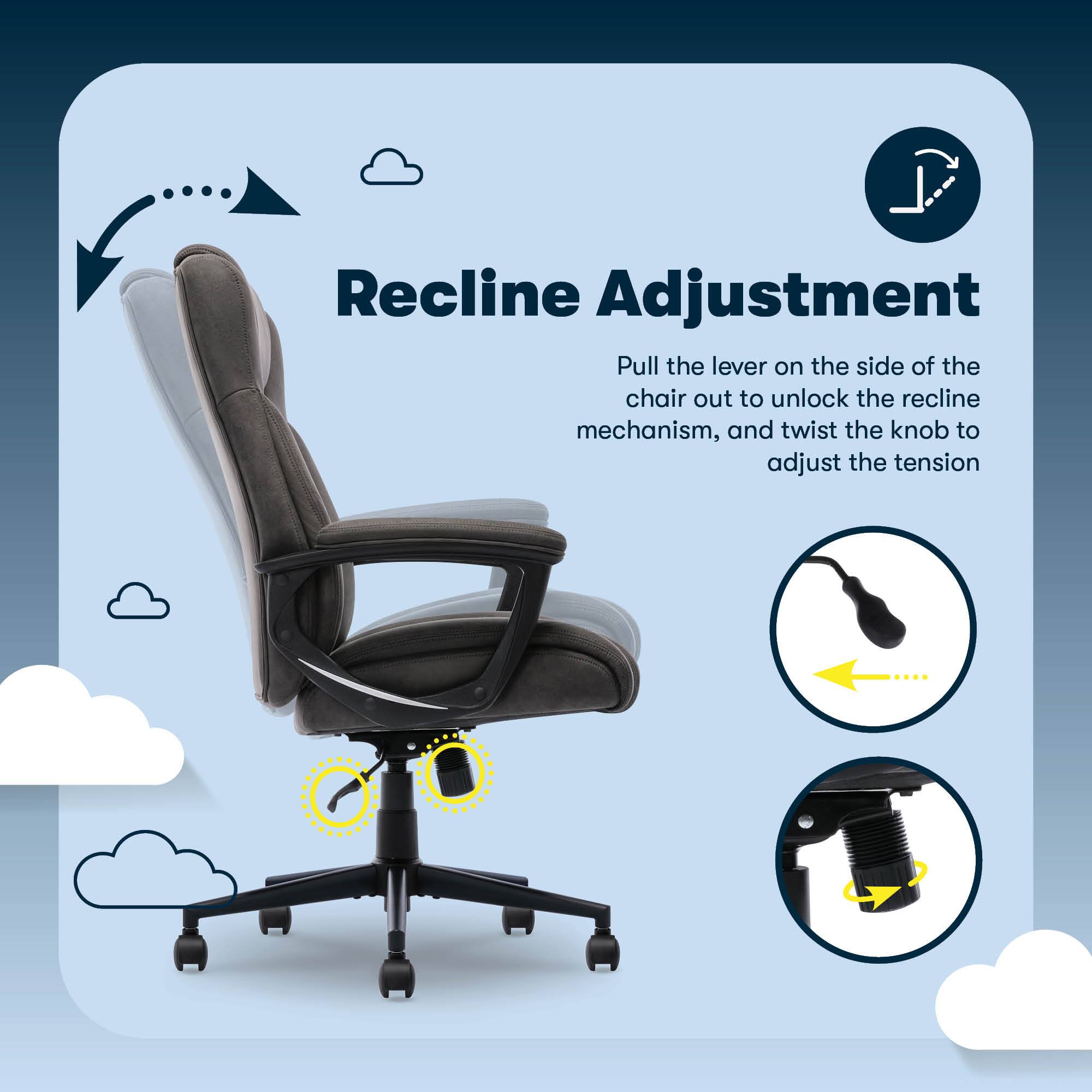 Recline Adjustment:

1. Pull the lever on the side of the chair out to unlock the recline mechanism.
2. Twist the knob to adjust the tension.