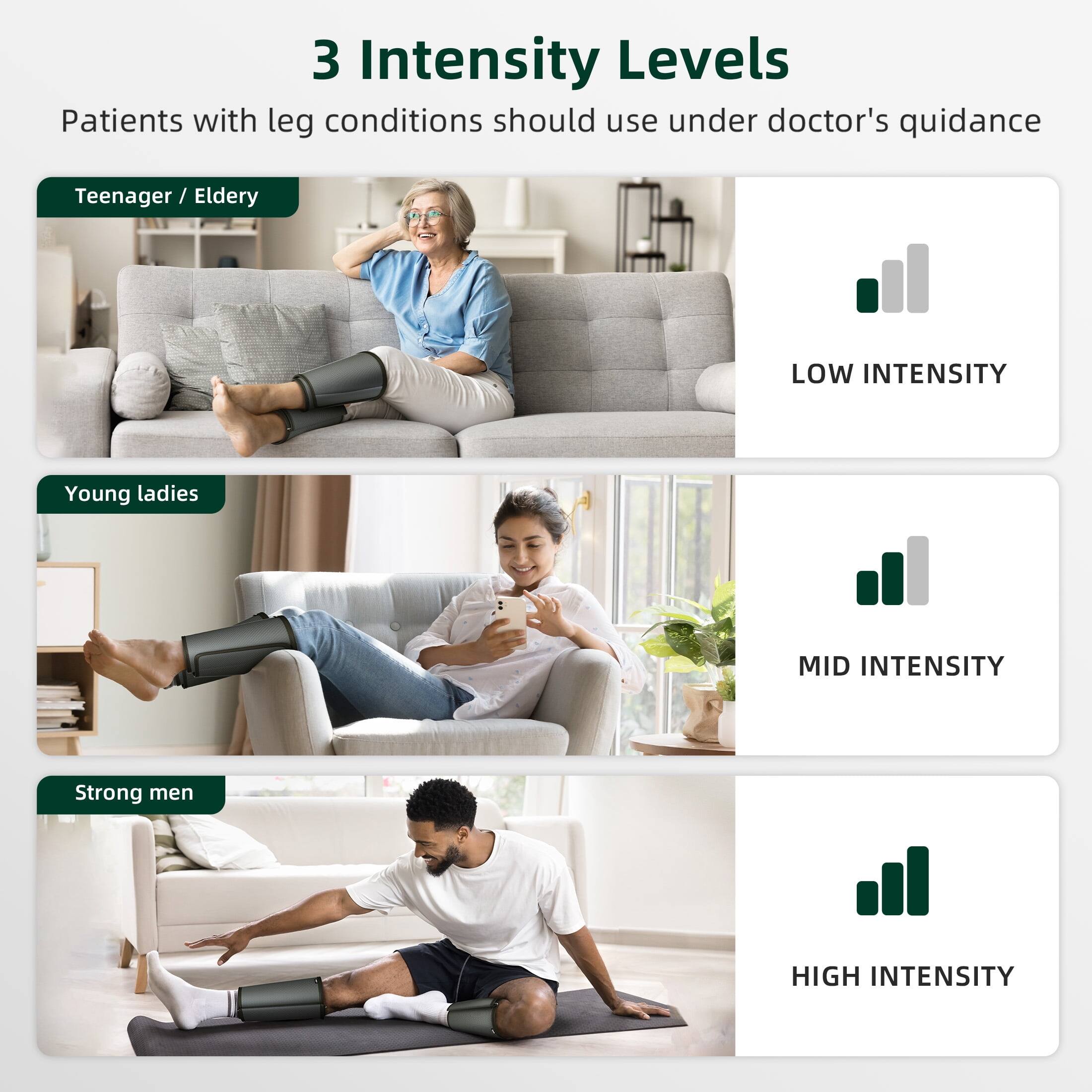 3 Intensity Levels  
Patients with leg conditions should use under doctor's guidance  

Teenager / Eldery  
LOW INTENSITY  

Young ladies  
MID INTENSITY  

Strong men  
HIGH INTENSITY