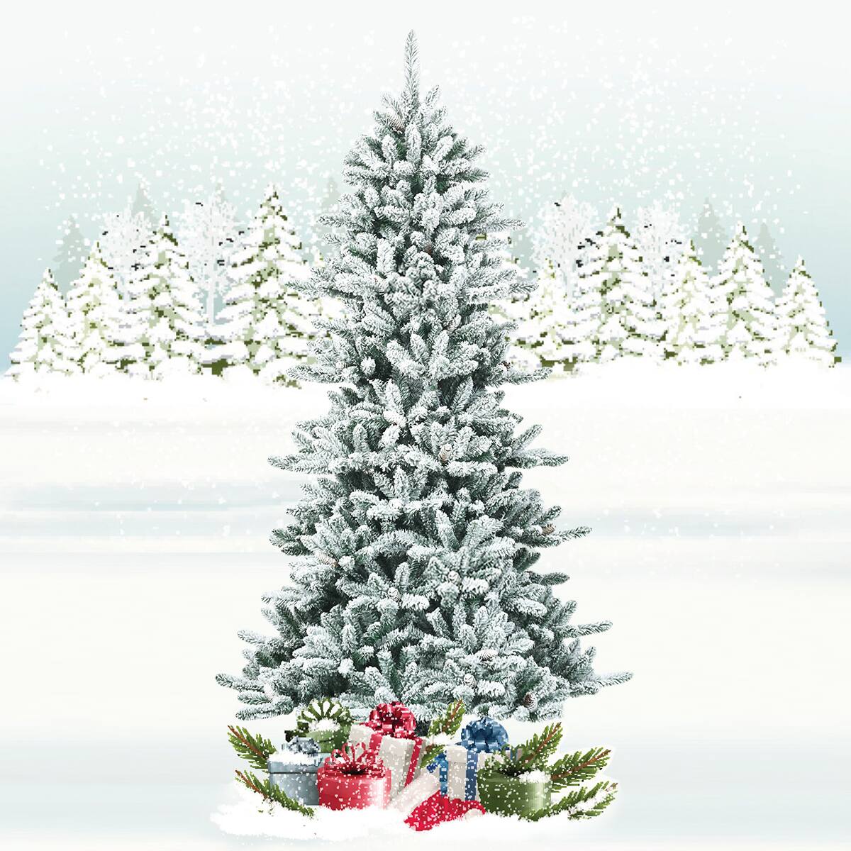 Alt View 3. Costway - 7Ft Premium Hinged Snow Flocked Slim Artificial Christmas Fir Tree w/ Pine Cones - Green/White.