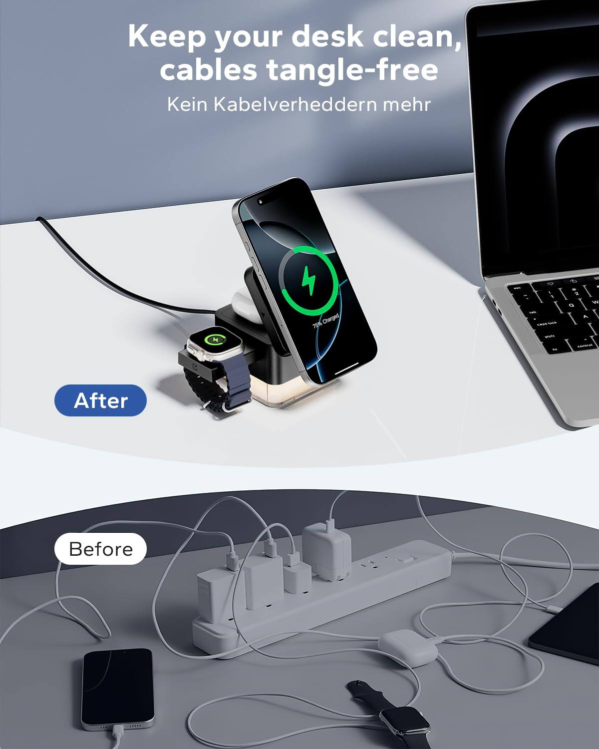 Keep your desk clean, cables tangle-free  
Kein Kabelverheddern mehr  

After  
Before