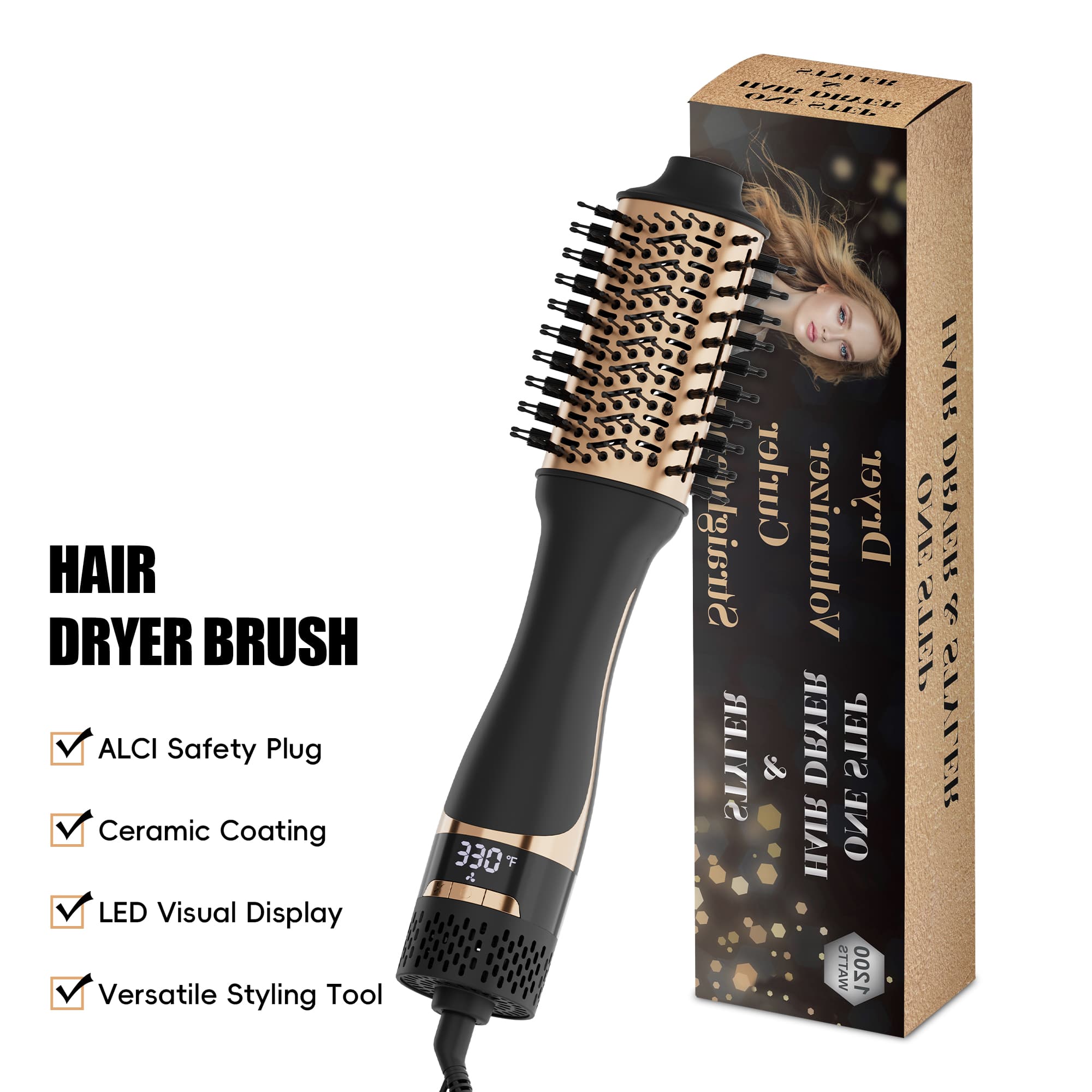 NICEBAY - Hair Dryer Brush, Blow Dryer Brush with Display Screen, One Step Hot Air Brush for Hair Drying, Styling - Black and Gold