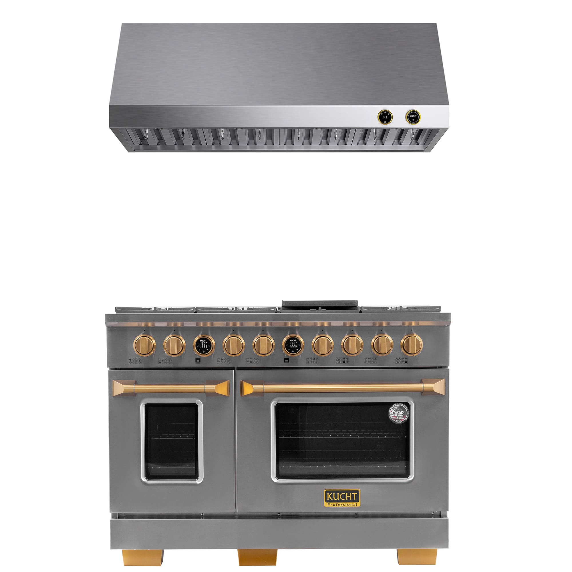 Kucht - 48 in. 6.7 cu. ft. 8 Burners Dual Fuel Range for Propane Gas in Stainless Steel and Gold + Under Cabinet Range Hood - Stainless Steel with Gold Accents