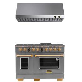 Kucht - 48 in. 6.7 cu. ft. 8 Burners Dual Fuel Range for Propane Gas in Stainless Steel and Gold + Under Cabinet Range Hood - Stainless Steel with Gold Accents