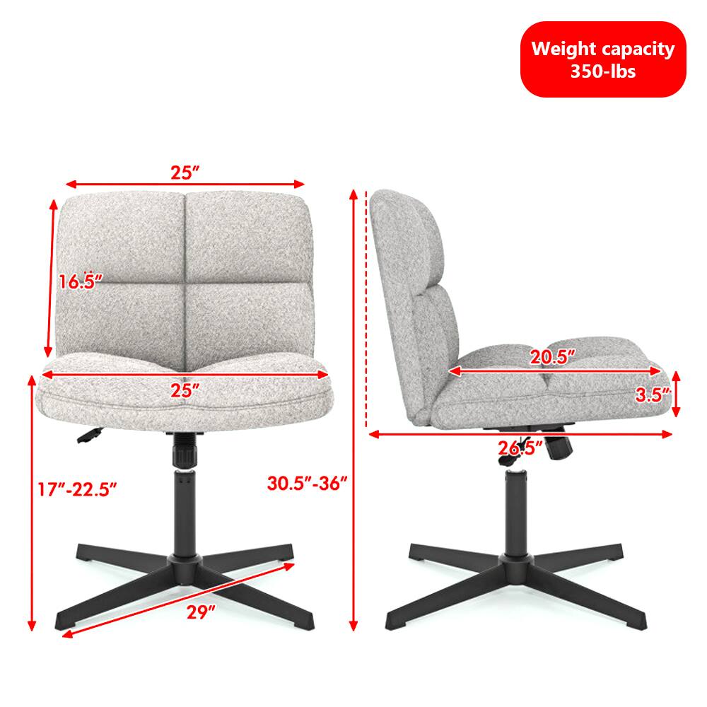 Weight capacity: 350-lbs

Dimensions:
- Seat width: 25"
- Seat depth: 16.5"
- Back height: 25"
- Overall height: 17"-22.5"
- Base width: 29"
- Armrest width: 20.5"
- Armrest height: 3.5"
- Seat height: 30.5"-36"
- Overall width: 26.5"