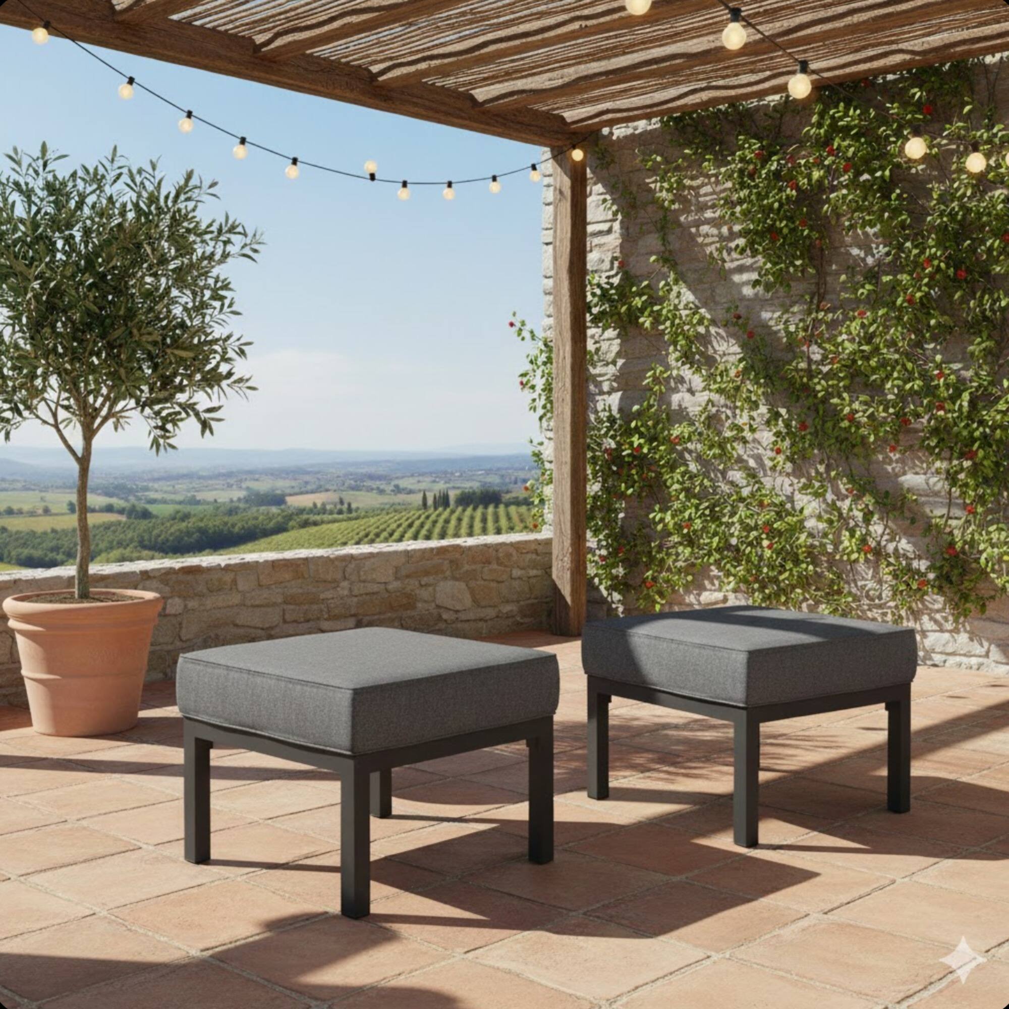 Angle. Mondawe - Set of 2 24" Aluminum Patio Ottomans with Cushions - Dark Gray.