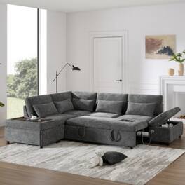LUCKY ONE - 107" L-Shape Pull-Out Sleeper Sectional Sofa Bed w/ USB Type-C Storage Ottoman - Gray