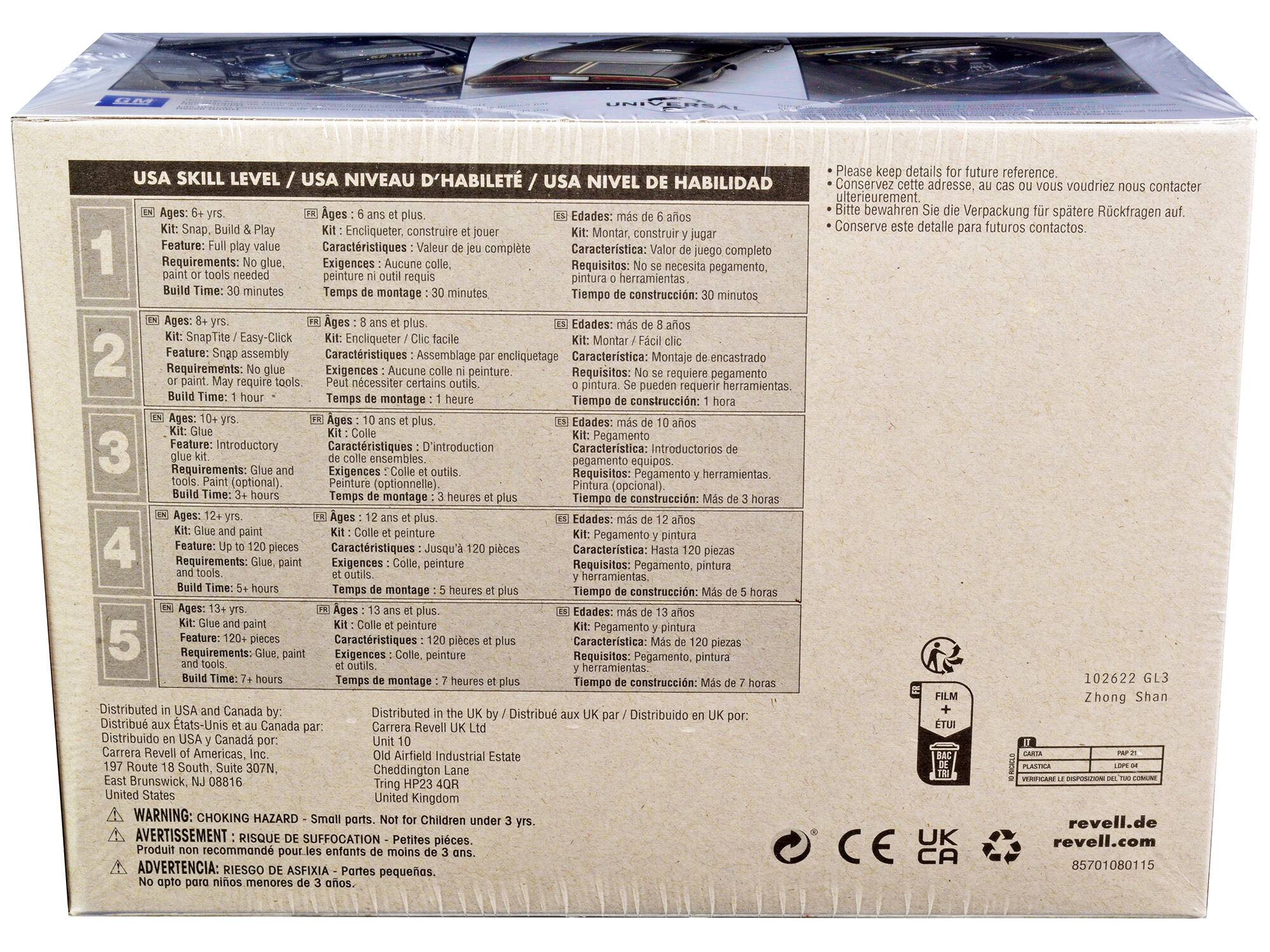 **USA SKILL LEVEL / USA NIVEAU D'ABILITÉ / USA NIVEL DE HABILIDAD**

**1**  
Ages: 6+ yrs.  
Kit: Snap, Build & Play  
Feature: Full play value  
Requirements: No glue, paint or tools needed  
Build Time: 30 minutes  

**2**  
Ages: 8+ yrs.  
Kit: SnapTite / Easy-Click  
Feature: Snap assembly or paint. May require tools  
Requirements: No glue, paint or tools  
Build Time: 1 hour  

**3**  
Ages: 10+ yrs.  
Kit: Introductory  
Feature: Introductory glue kit  
Requirements: Glue and paint (optional)  
Build Time: 3+ hours  

**4**  
Ages: 12+ yrs.  
Kit: Glue and paint  
Feature: Up to 120 pieces  
Requirements: Glue, paint and tools  
Build Time: 5+ hours  

**5**  
Ages: 13+ yrs.  
Kit: Glue and paint  
Feature: 120+ pieces  
Requirements: Glue, paint and tools  
Build Time: