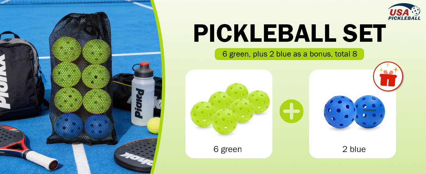 PIOIRA T Sd Piakd USA PICKLEBALL SET 6 green, plus 2 blue as a bonus, total 8 + Koomade oK 6 green 2 blue