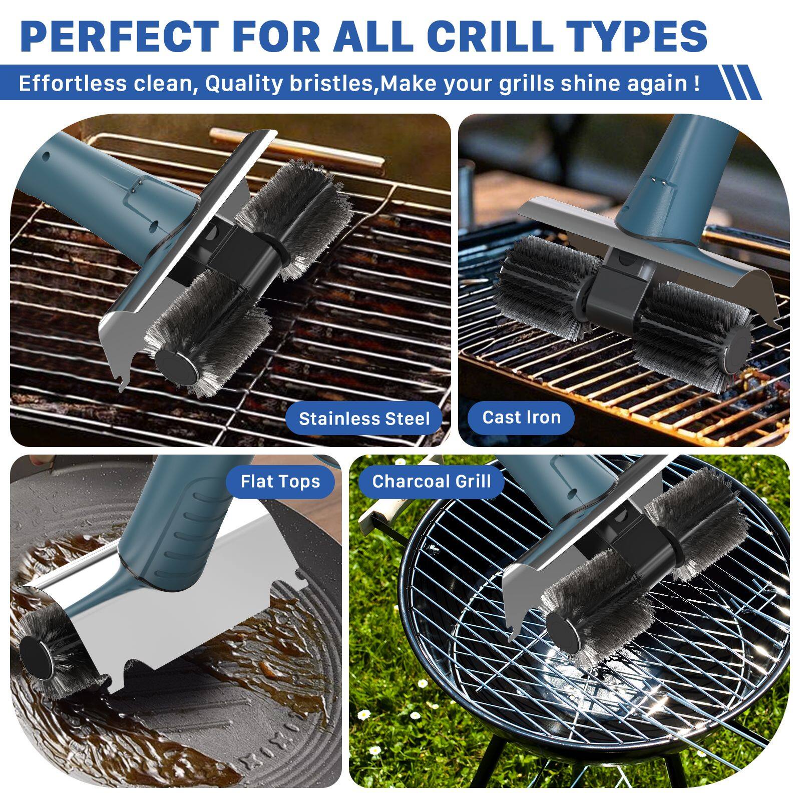 PERFECT FOR ALL CRILL TYPES  
Effortless clean, Quality bristles, Make your grills shine again!  
Stainless Steel  
Cast Iron  
Flat Tops  
Charcoal Grill