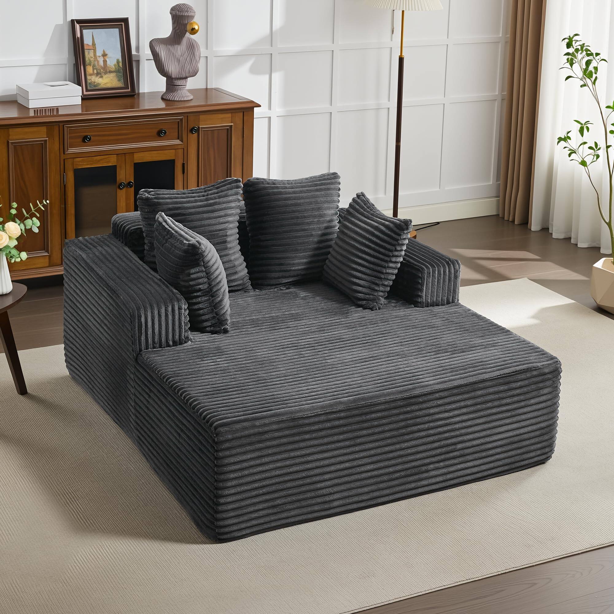 Alt View 4. Jojoka - 61" Oversized Chaise Lounge Chair with Cloud-Like Corduroy, Throw Pillows, No Assembly Required - Gray.