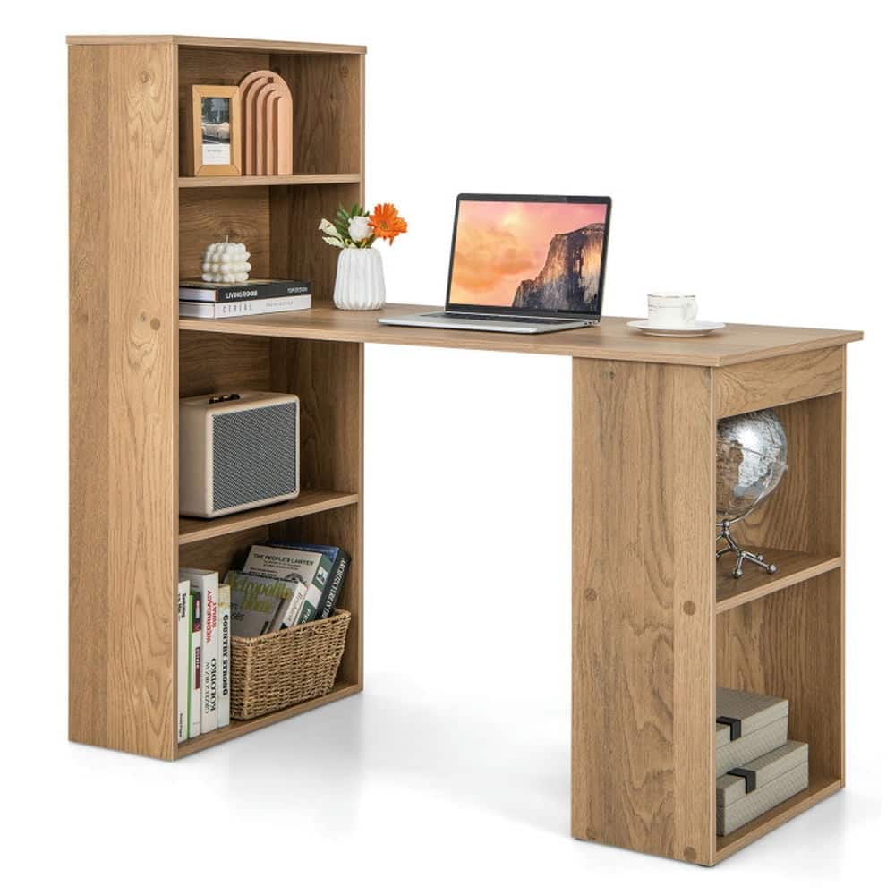 Kadyn - 48 Inch Computer Desk with 4-Tier Bookcase and CPU Stand-Natural, Home Office Desks, Gaming Computer Desks for Study - Brown