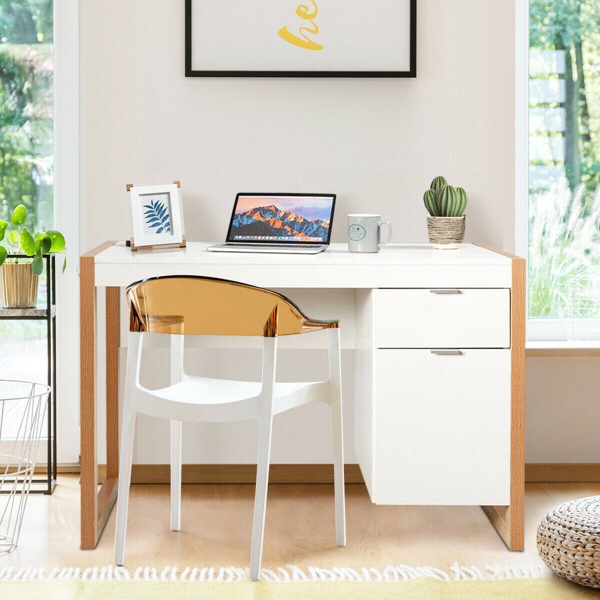Angle. SlickBlue - Writing Workstation Desk with Storage Cabinet and Drawer for Home Office - White.