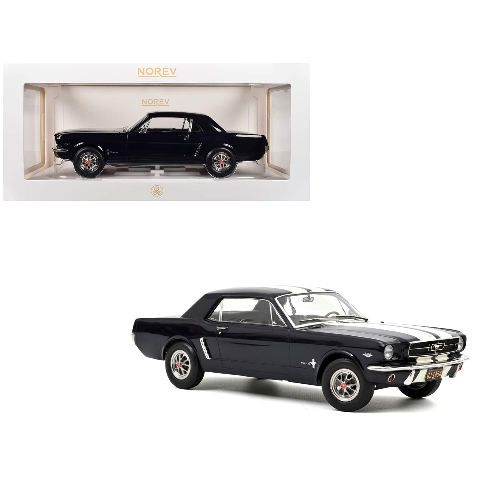 1965 Ford Mustang Hardtop Coupe Nightmist Blue Metallic with White Stripes 1/18 Diecast Model Car by Norev price history on PriceWatchPro