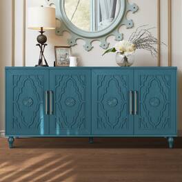 LUCKY ONE - 63in Freestanding Large Storage Cabinet with Carved Flower Doors Metal Handle Adjustable Shelves for Living Room - Navy Blue