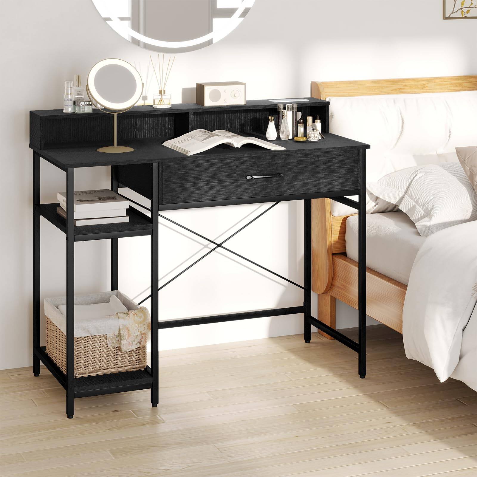 Alt View 1. Ecooso - 48" Computer Desk with Monitor Stand, Drawer and Shelves, Home Office Workstation - Rustic Brown + Black.