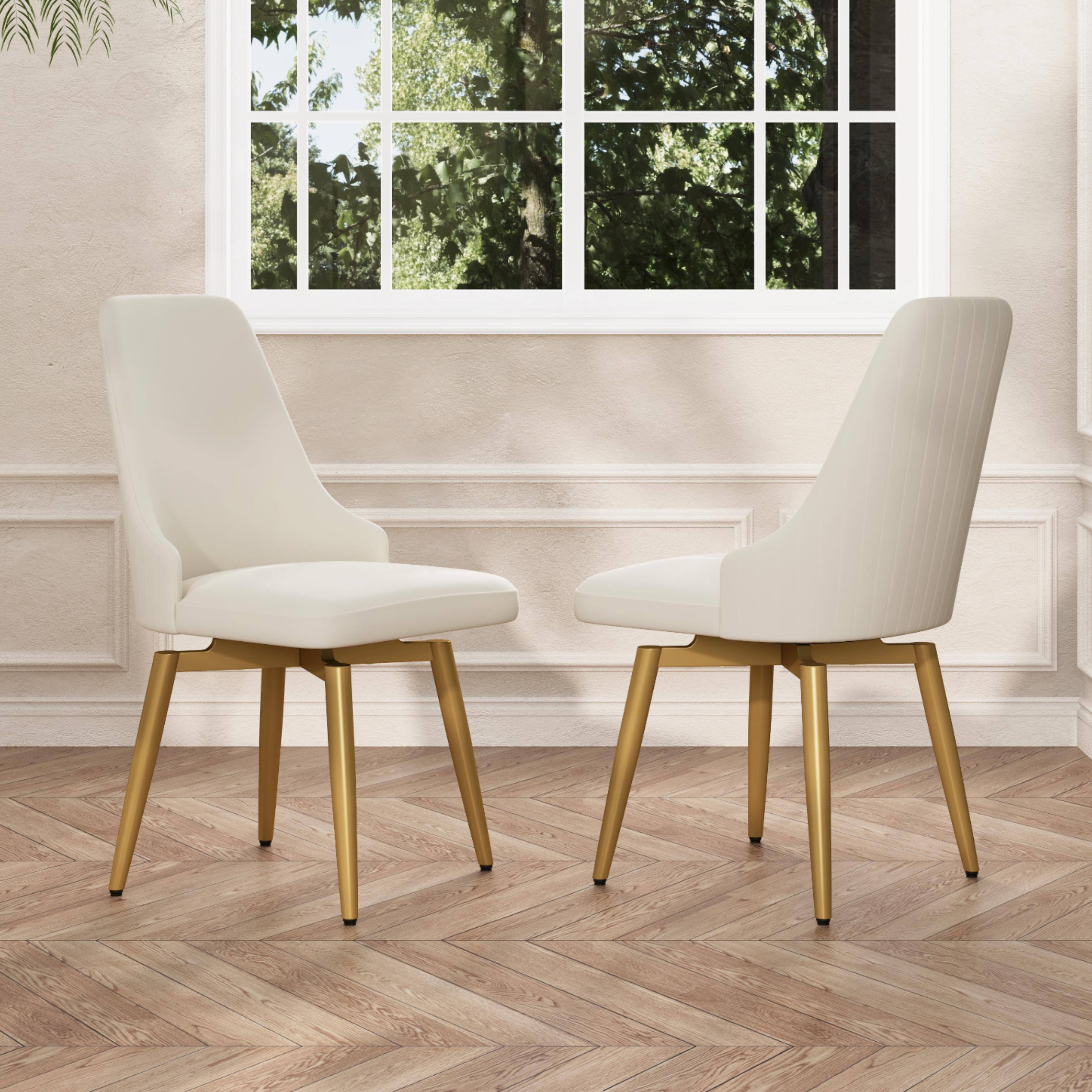 Back. POVISON - Modern Luxury Swivel Upholstered Dining Chairs Set of 2, Faux Leather Side Chairs, Beige & Gold - Beige.