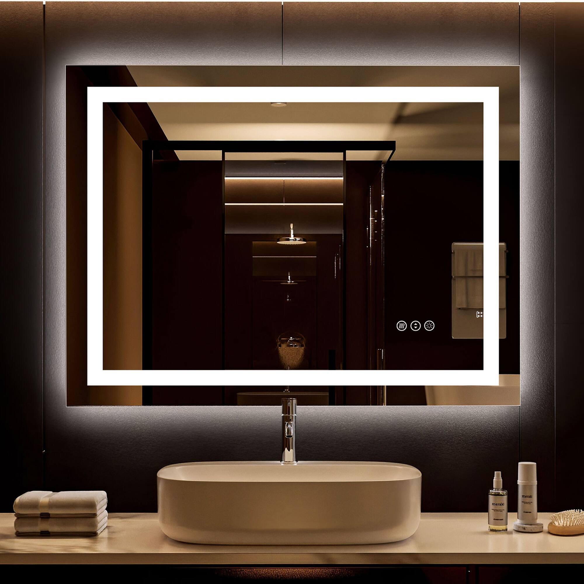 Front. Boyel Living - 28 in W x 20 in L Rectangular Frameless Wall Bathroom Vanity Mirror with Front and Backlit and Anti Fog.