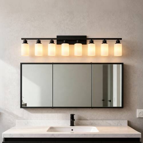 Alt View 3. LUCKY ONE - 8-Light Matte Black Wood Wall Lamp, Glass Shade Sconce for Bathroom or Bedroom Wall Mount - Matte Black,Wood.