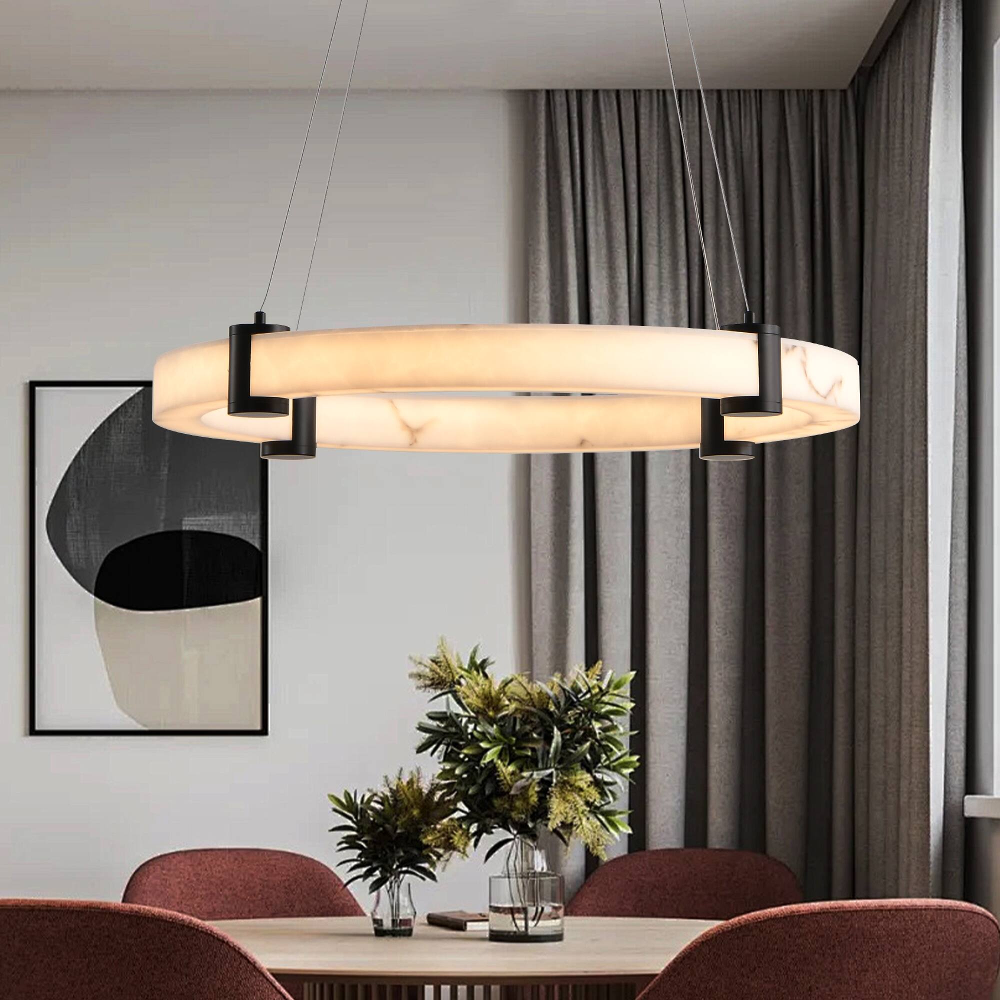 Back. Tiramisubest - Modern LED Pendant Light, 24" Round Chandelier with Adjustable Height, Imitation Marble Finish Resin Ring Ceiling Light - White.