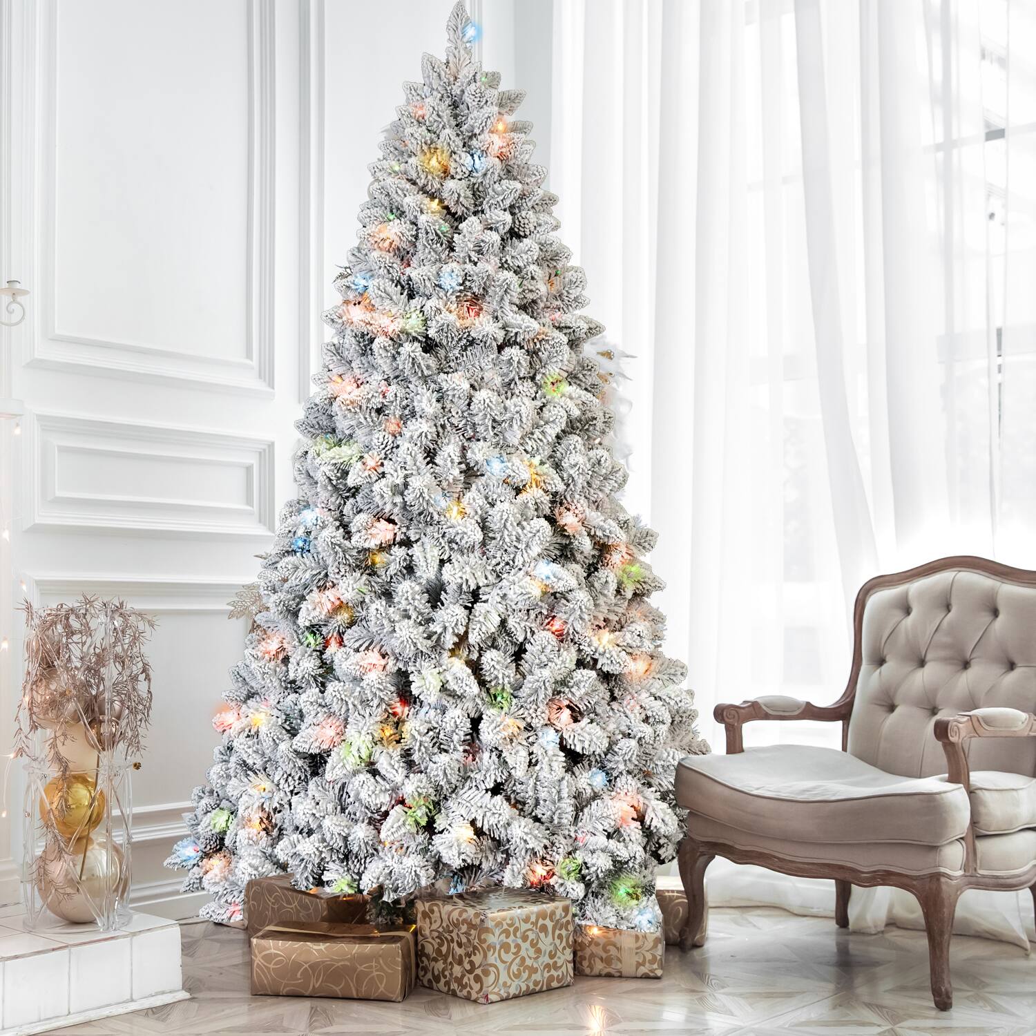 Alt View 8. APRILSOUL - 6FT Flocked Christmas Tree with 350 Colorful UL Lights and 36 Natural Pine Cones 888 Snowy PVC Tips - Green,White.