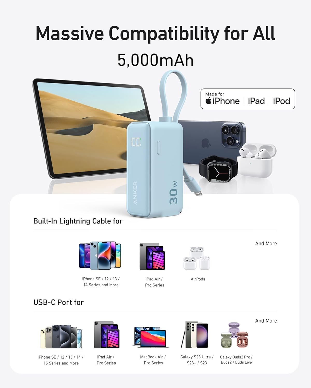 Massive Compatibility for All  
5,000mAh  

Made for iPhone | iPad | iPod  

Built-In Lightning Cable for  
iPhone SE / 12 / 13 / 14 Series and More  
iPad Air / Pro Series  
AirPods  

USB-C Port for  
iPhone SE / 12 / 13 / 14 / 15 Series and More  
iPad Air / Pro Series  
MacBook Air / Pro Series  
Galaxy S23 Ultra / S23+ / S23  
Galaxy Buds2 Pro / Buds2 / Buds Live  

And More
