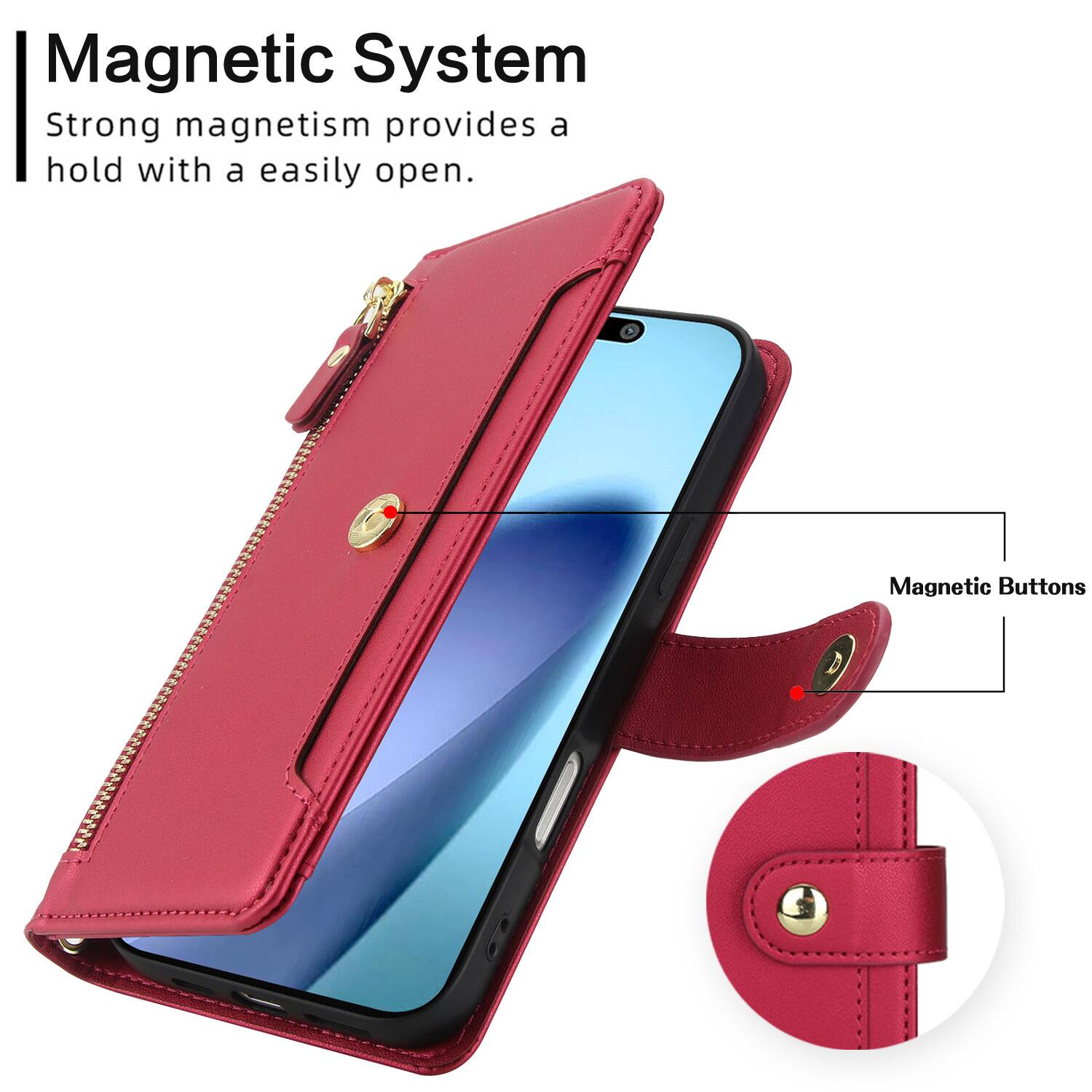 Magnetic System  
Strong magnetism provides a hold with a easily open.  
Magnetic Buttons