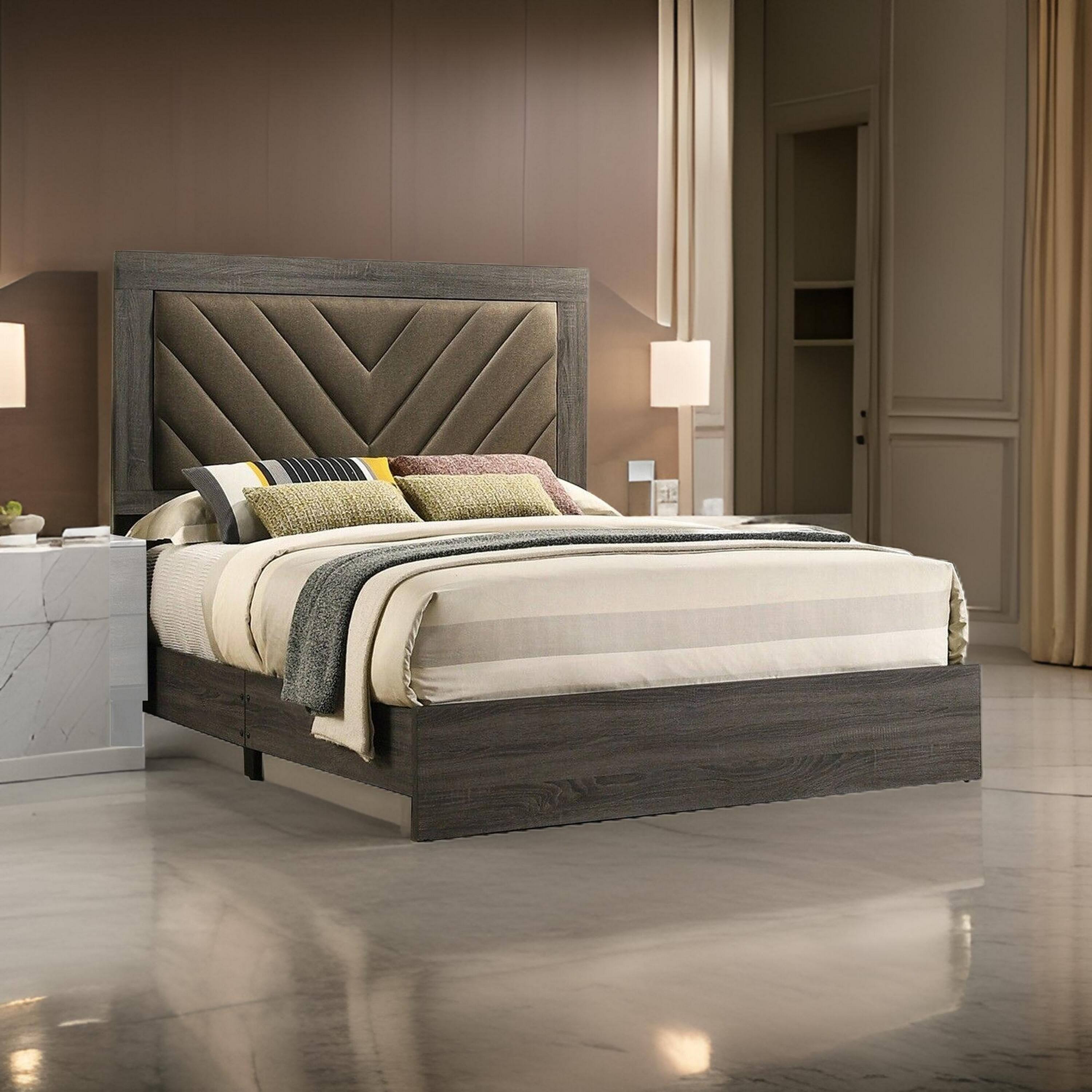 Alt View 5. Manhattan Lane - Cato Upholstered King Size Bed, Chevron Tufted Brown Headboard - Gray, Brown.