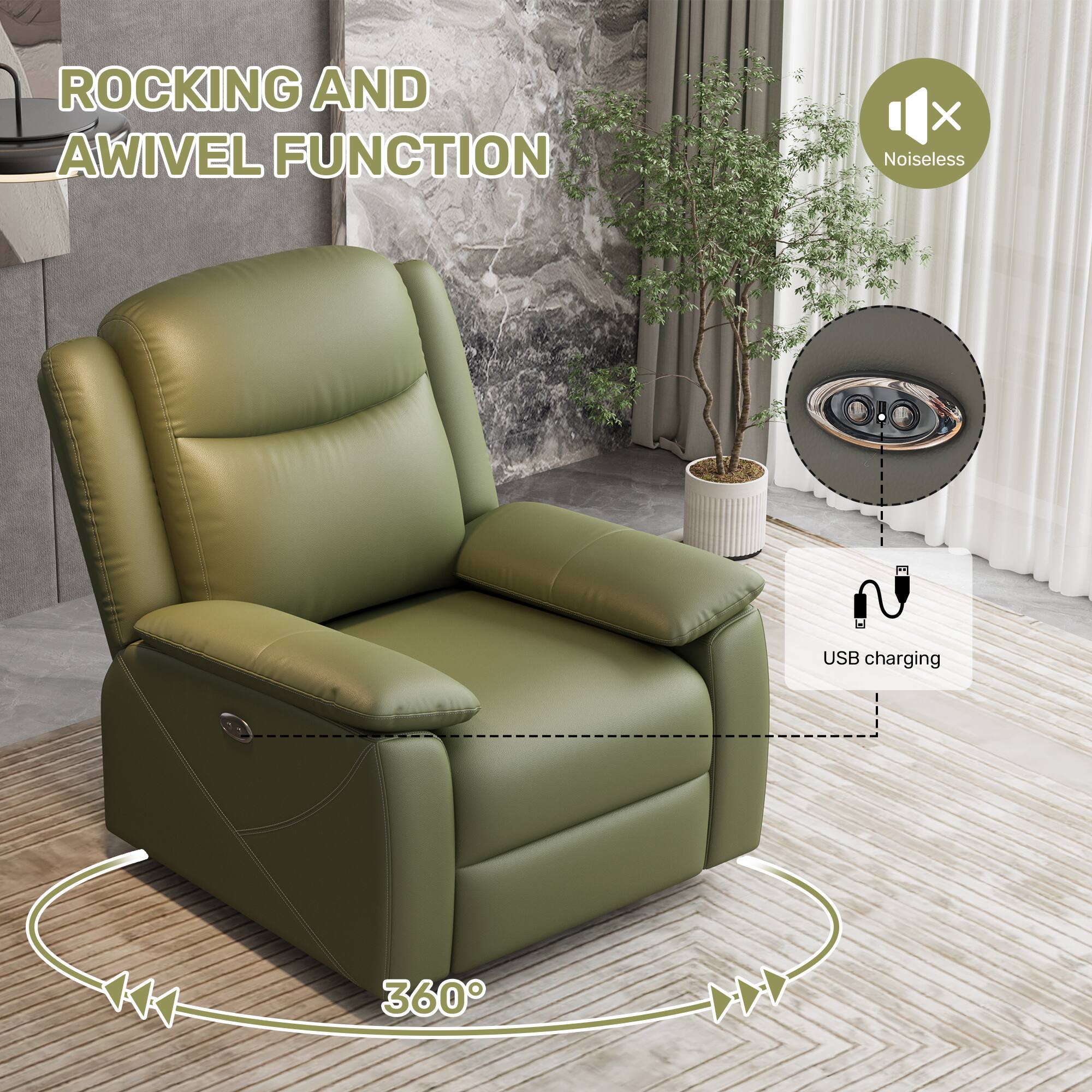 ROCKING AND AWIVEL FUNCTION  
X Noiseless  
USB charging  
360°