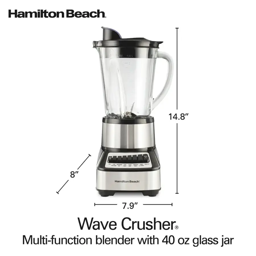 Hamilton Beach. DU Cu2S 14.8" - - i : : - I | - : | I I  8" Hamilton Beach 7.9" Wave Crusher 3 Multi-function blender with 40 OZ glass jar.