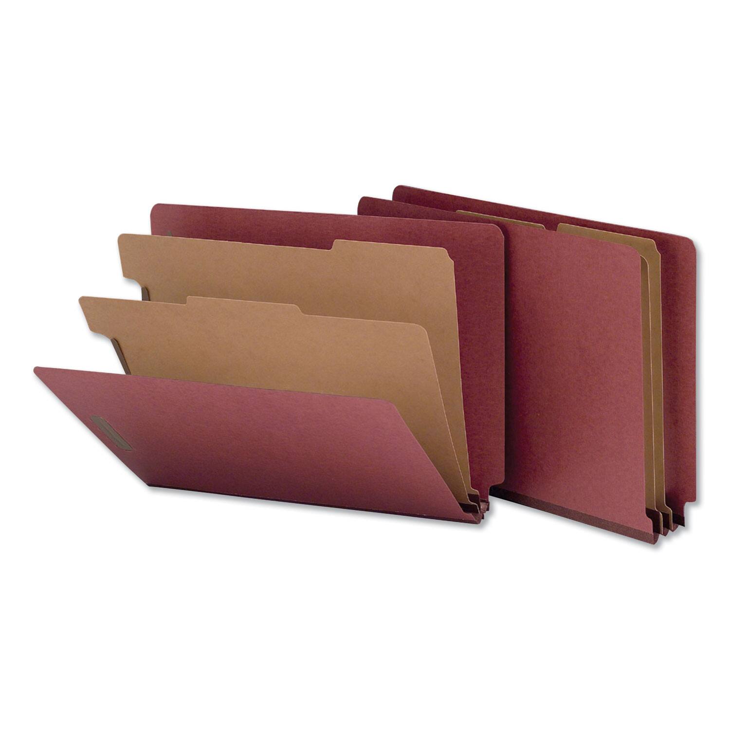 Back. Universal - Red Pressboard End Tab Classification Folders, 2" Expansion, 2 Dividers, 6 Fasteners, Letter Size, Red Exterior, 10/Box.