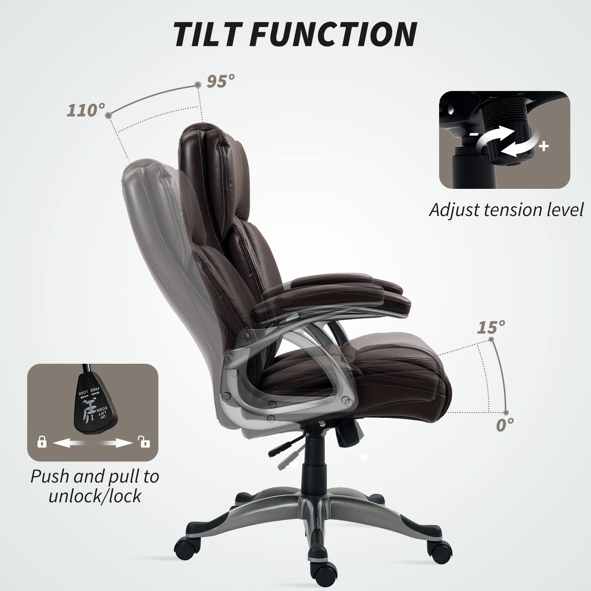 TILT FUNCTION 95 110 + Adjust tension level 15 - 0 - Push and pull to unlock/lock