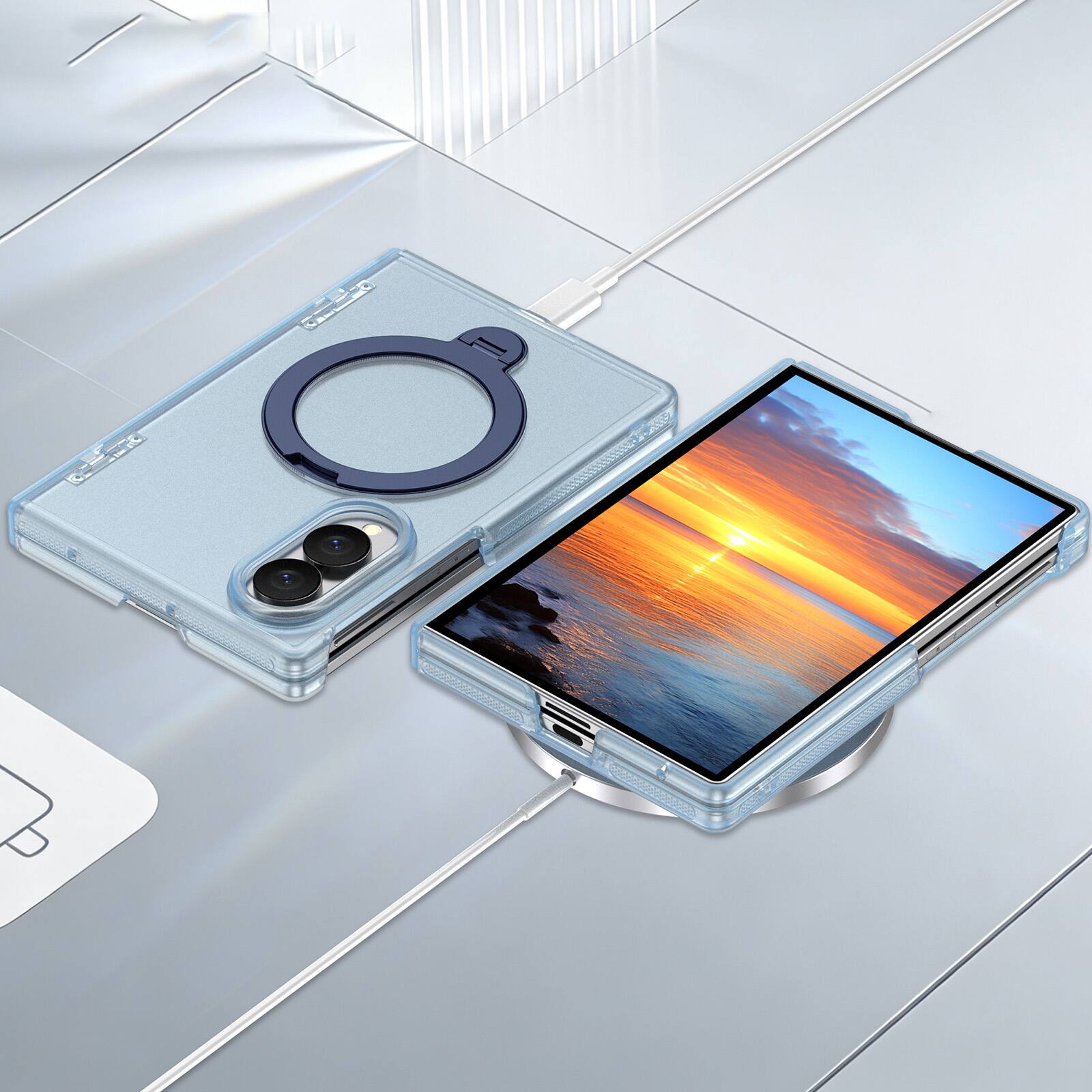 Alt View 1. Dteck - Shockproof Frosted Phone Case for Samsung Galaxy Z Fold8 with Ring Stand, Rugged Slim Magnetic Rigid Plastic Hinge Cover - Matteblue.