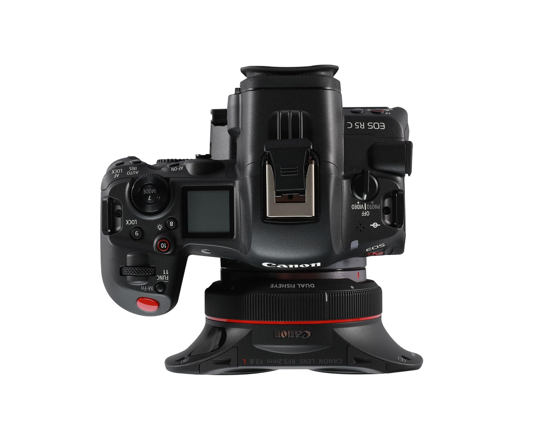 C R5 S03 SR LOCK AUTO AF NO-JY MODE L r 6 10 8 VIDEO I PHOTO OFF  EOS 11 FUNC M-Fn Canon FISHEYE DUAL Canon DI 1 F2.8 RF5.2mm LENS CANON