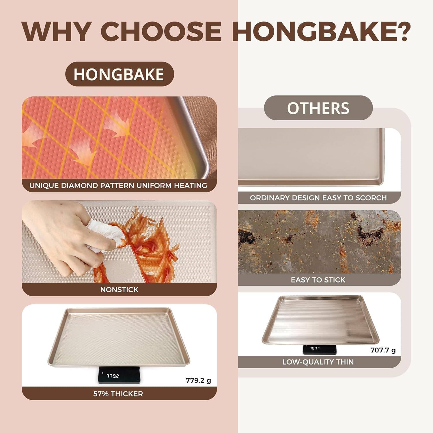 **WHY CHOOSE HONGBAKE?**

**HONGBAKE**
- UNIQUE DIAMOND PATTERN UNIFORM HEATING
- NONSTICK
- 57% THICKER
  - 779.2 g

**OTHERS**
- ORDINARY DESIGN EASY TO SCORCH
- EASY TO STICK
- LOW-QUALITY THIN
  - 707.7 g