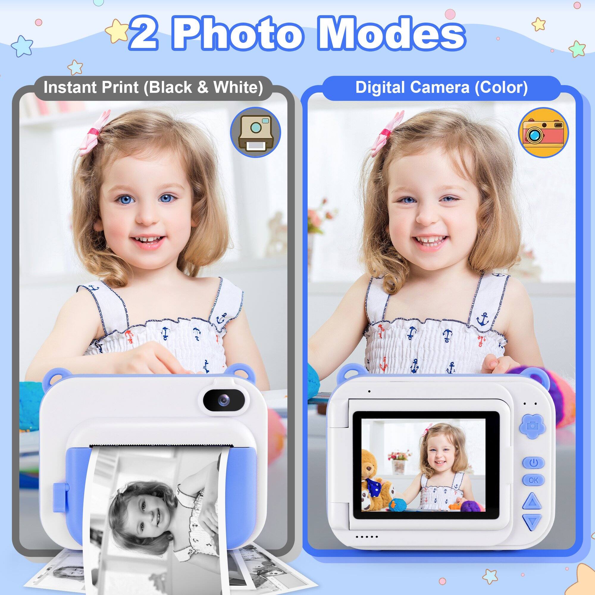 2 Photo Modes

Instant Print (Black & White)

Digital Camera (Color)
