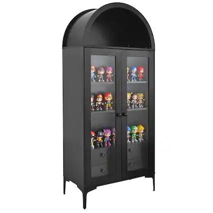 Front. VEVOR - Arched Display Cabinet with Glass Doors, 70 in Tall Curio Cabinet, 4-Tier Display Case - Black.