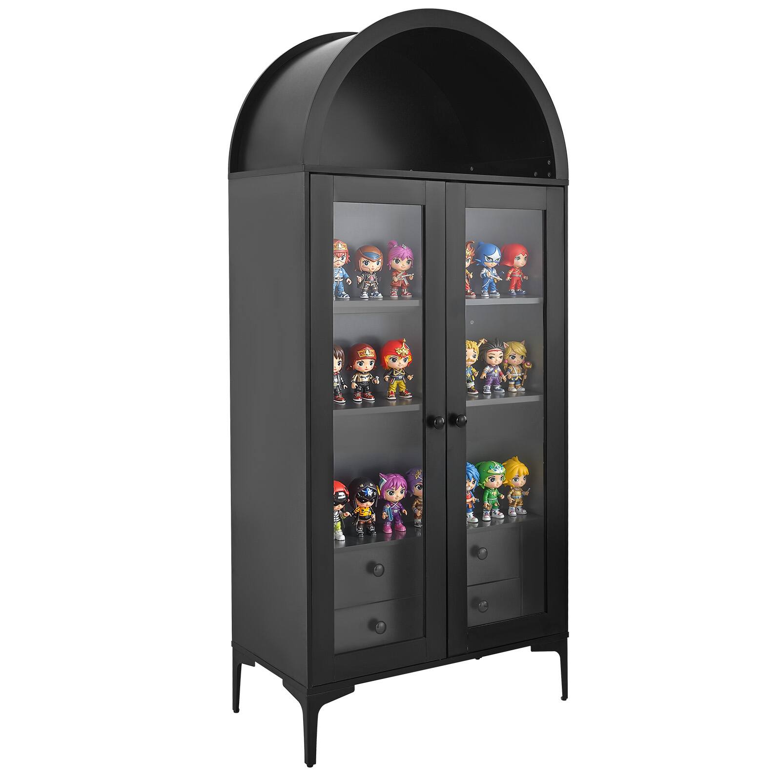Front. VEVOR - Arched Display Cabinet with Glass Doors, 70 in Tall Curio Cabinet, 4-Tier Display Case - Black.